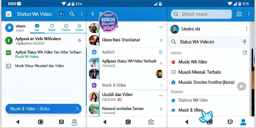 Antarmuka aplikasi 88BOS menampilkan berbagai pilihan video status menarik.