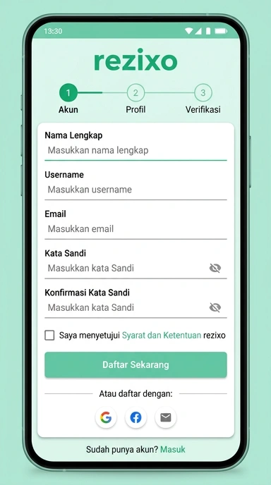 Tampilan halaman daftar rezixo